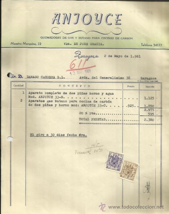 Old Invoices: FACTURA DE ANJOYCE. QUEMADORES DE GAS Y BUTANO. ZARAGOZA. 1961