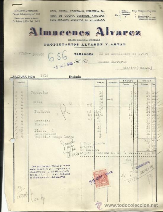 Old Invoices: FACTURA DE ALMACENES ALVAREZ. LOZA, CRISTAL. PORCELONA. ZARAGOZA. 1945