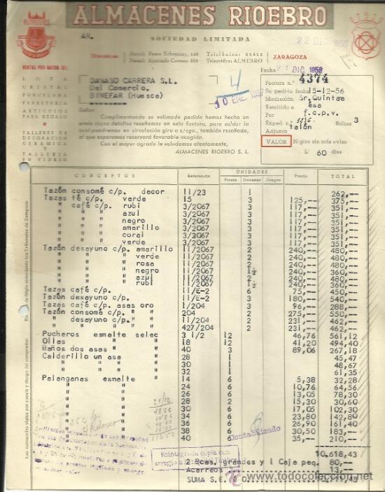 Old Invoices: FACTURA DE ALMACENES RIOEBRO. LOZA, CRISTAL, PORCELANA. ZARAGOZA. 1958