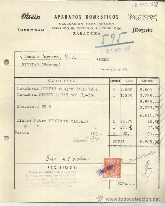 Old Invoices: FACTURA DE OTSEIN. APARATOS DOM&Eacute;STICOS. ZARAGOZA. 1957