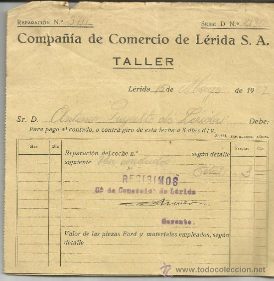 Facturas antiguas: FACTURA DE COMPA&Ntilde;IA DE COMERCIO DE L&Eacute;RIDA S.A. LLEIDA. 1929 - Foto 1
