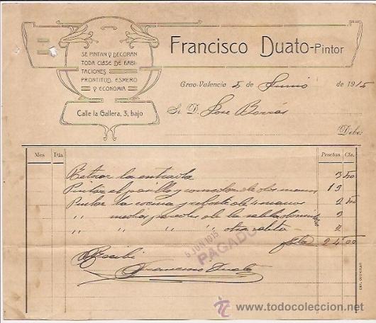 Facturas antiguas: Pintor Francisco Duato. Valencia 1915