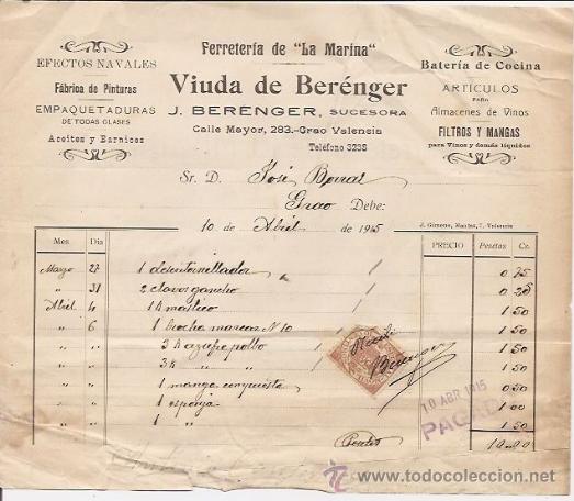 Facturas antiguas: Ferreter&iacute;a Berenguer. Valencia 1915