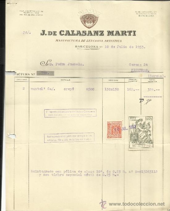 Factures anciennes: FACTURA DE J. DE CALASANZ MARTI. MANUFACTURA DE LENCER&Iacute;A ART&Iacute;STICA. PALMA DE MALLORCA. 1953
