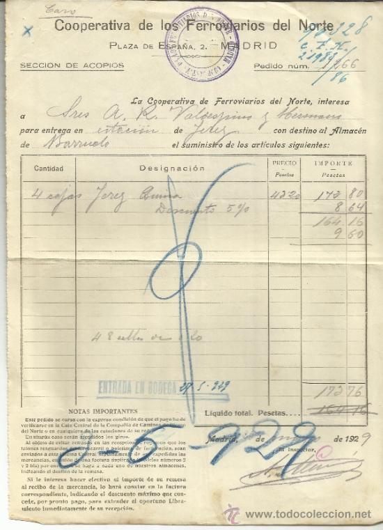 Factures anciennes: FACTURA DE COOPERATIVA DE LOS FERROVIARIOS DEL NORTE. MADRID. 1929