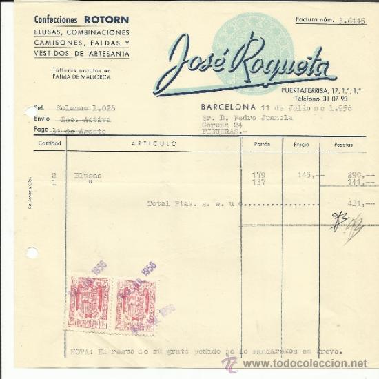 Factures anciennes: FACTURA DE JOS&Eacute; ROQUETA. CONFECCIONES. PALMA DE MALLORCA. 1956