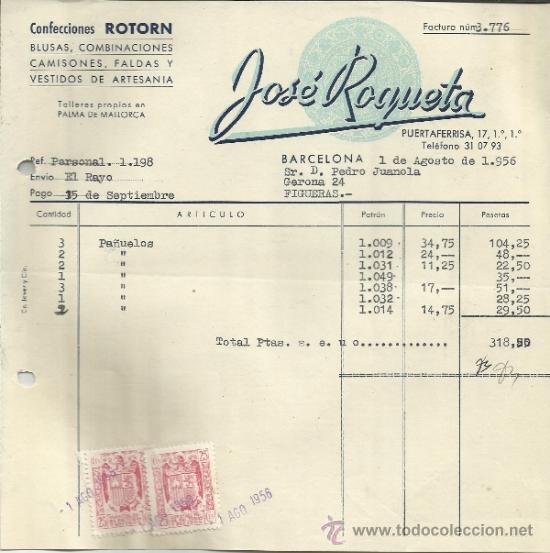 Factures anciennes: FACTURA DE JOS&Eacute; ROQUETA. CONFECCIONES. PALMA DE MALLORCA. 1956