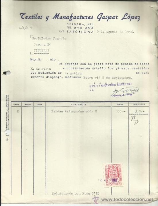Factures anciennes: FACTURA DE TEXTILES Y MANUFACTURAS GASPAR L&Oacute;PEZ. BARCELONA. 1956