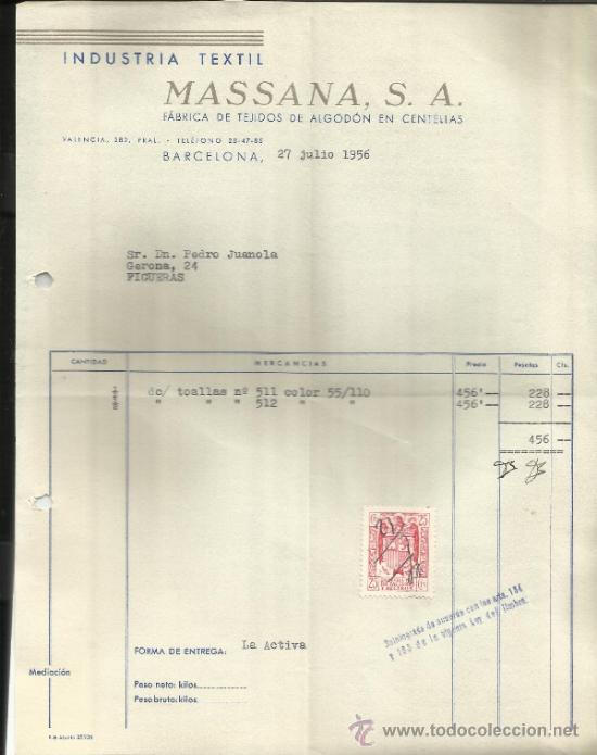 Factures anciennes: FACTURA DE INDUSTRIAS TEXTIL MASSANA S.A. BARCELONA. 1956