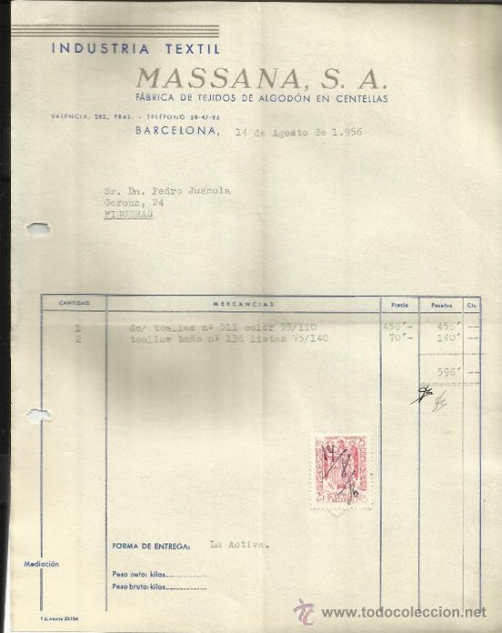 Old Invoices: FACTURA DE INDUSTRIAS TEXTIL MASSANA S.A. BARCELONA. 1956