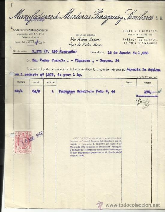 Old Invoices: FACTURA DE MANUFACTURAS DE MONTURAS, PARAGUAS Y SIMILARES. BARCELONA. 1956