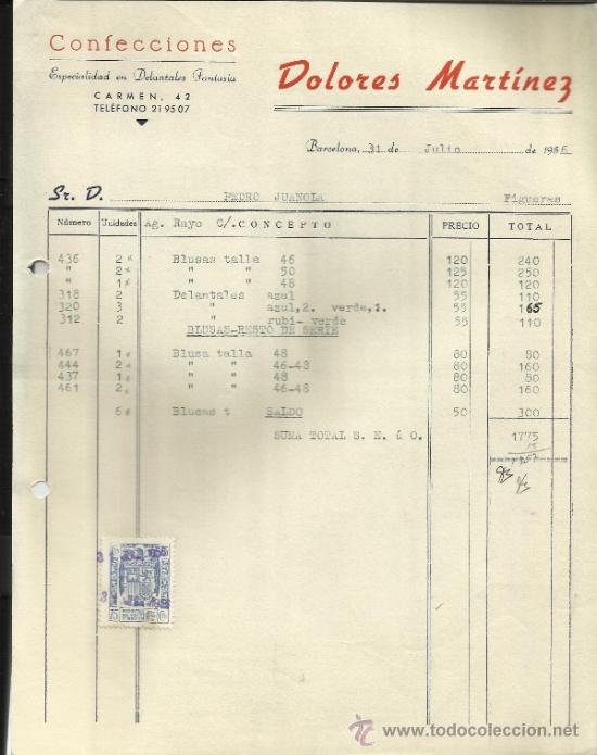 Facturas antiguas: FACTURA DE DOLORES MART&Iacute;NEZ. CONFECCIONES. BARCELONA. 1956