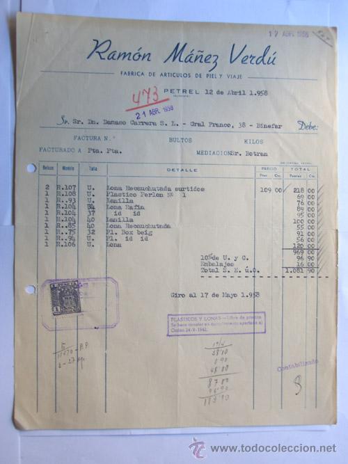 Facturas antiguas: FACTURA / RAMON MA&Ntilde;EZ VERDU / FABRICA DE ARTICULOS DE PIEL/ PETREL 1958 / ALICANTE