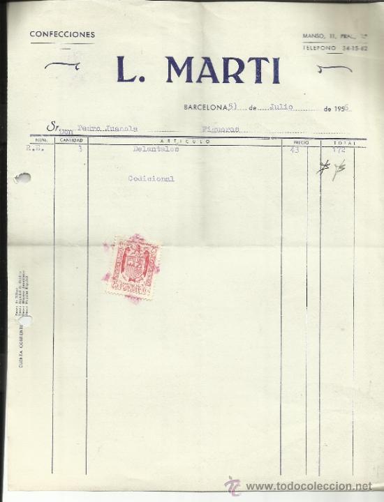 Fatture antiche: FACTURA DE L. MARTI. CONFECCIONES. BARCELONA. 1956
