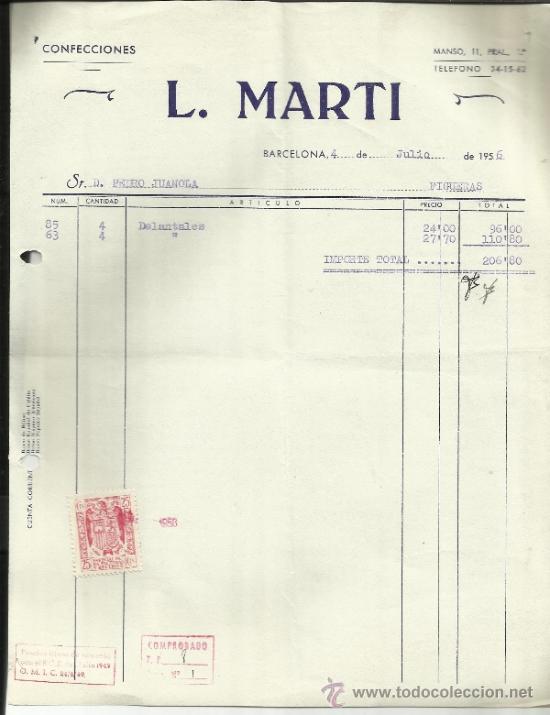 Old Invoices: FACTURA DE L. MARTI. CONFECCIONES. BARCELONA. 1956