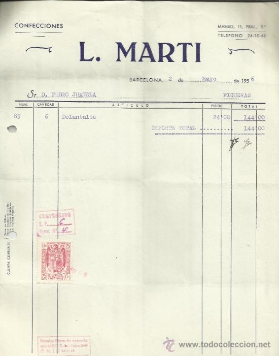 Old Invoices: FACTURA DE L. MARTI. CONFECCIONES. BARCELONA. 1956