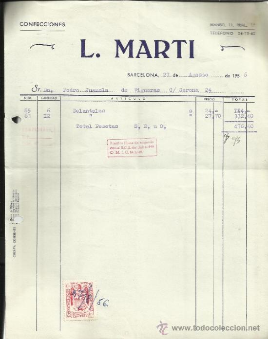 Old Invoices: FACTURA DE L. MARTI. CONFECCIONES. BARCELONA. 1956