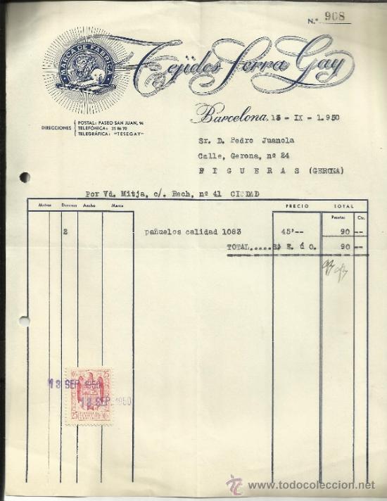 Old Invoices: FACTURA DE TEJIDOS SERRA GAY. BARCELONA. 1950
