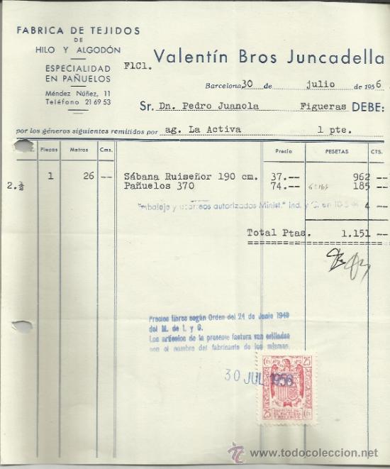 Old Invoices: FACTURA DE VALENT&Iacute;N BROS JUNCADELLA. F&Aacute;BRICA DE TEJIDOS. BARCELONA. 1956
