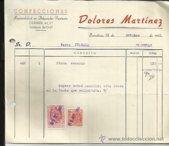 Old Invoices: FACTURA DE DOLORES MART&Iacute;NEZ. CONFECCIONES. BARCELONA. 1953