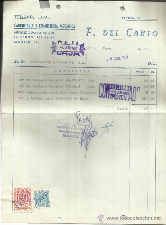 Old Invoices: FACTURA DE F. DEL CANTO. CARPINTER&Iacute;A Y EBANISTER&Iacute;A MEC&Aacute;NICA. MADRID. 1963