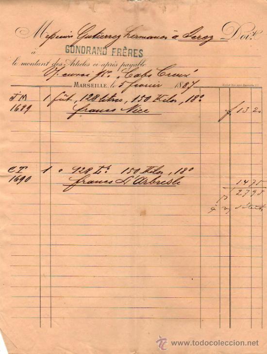Old Invoices: FACTURA DE GONDRAND FR&Egrave;RES. COMPTOIR DE TRANSIT. MARSEILLE 1887