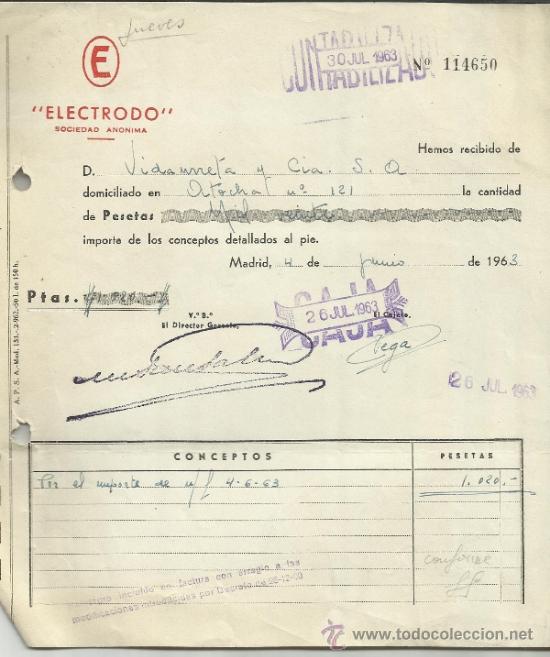 Facturas antiguas: FACTURA DE ELECTRODO. SA. MADRID. 1963 - Foto 1