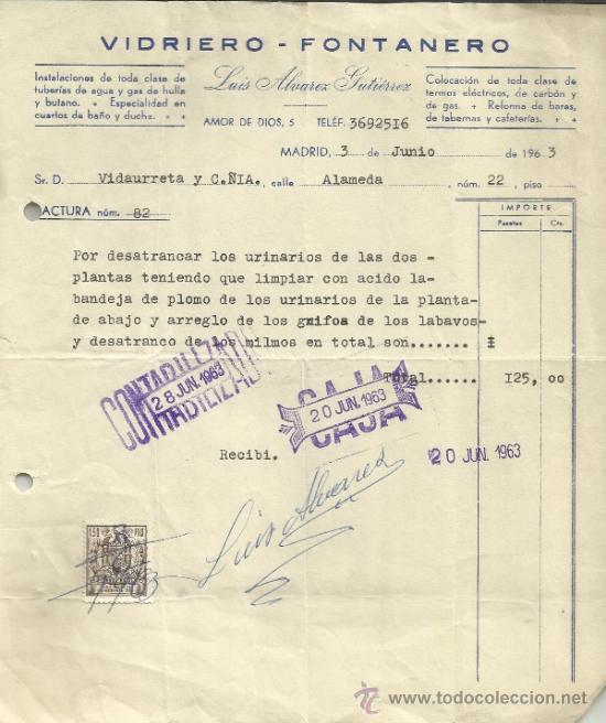 Old Invoices: FACTURA DE LUIS &Aacute;LVAREZ GUTIERREZ. VIDRIERO Y FONTANERO. MADRID. 1963