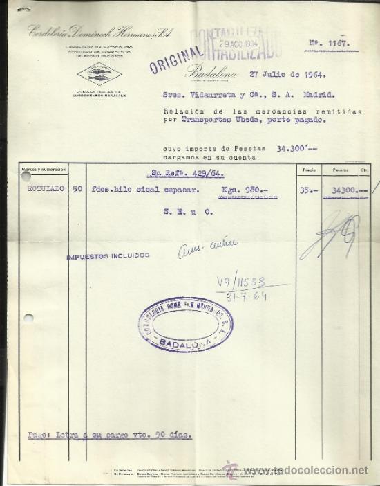 Old Invoices: FACTURA DE CORDELER&Iacute;A DOMENECH HERMANOS S.A. BADALONA. BARCELONA. 1964