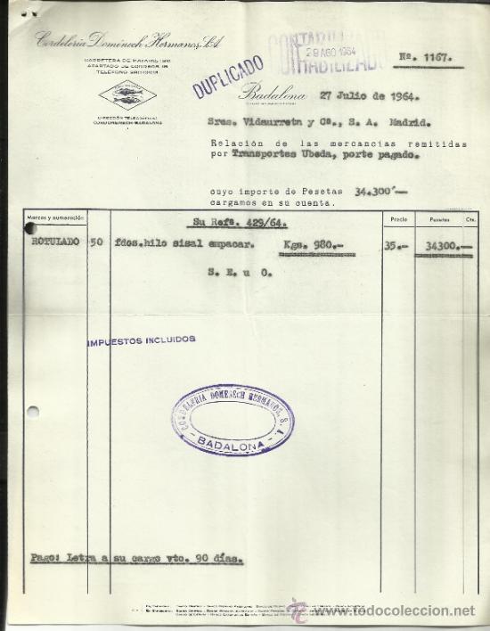 Old Invoices: FACTURA DE CORDELER&Iacute;A DOMENECH HERMANOS S.A. BADALONA. BARCELONA. 1964