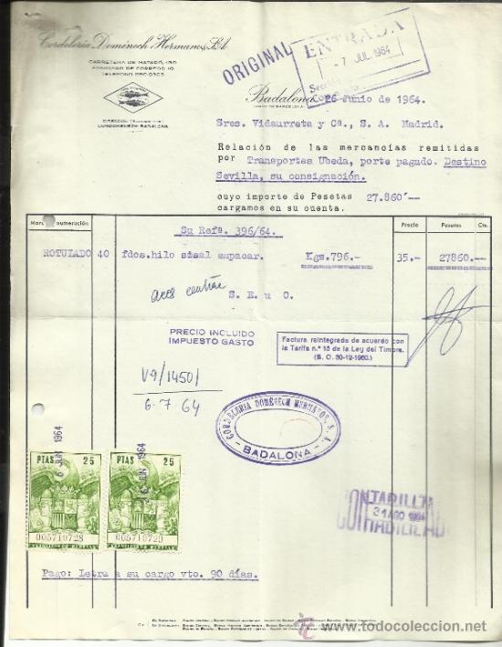 Old Invoices: FACTURA DE CORDELER&Iacute;A DOMENECH HERMANOS S.A. BADALONA. BARCELONA. 1964