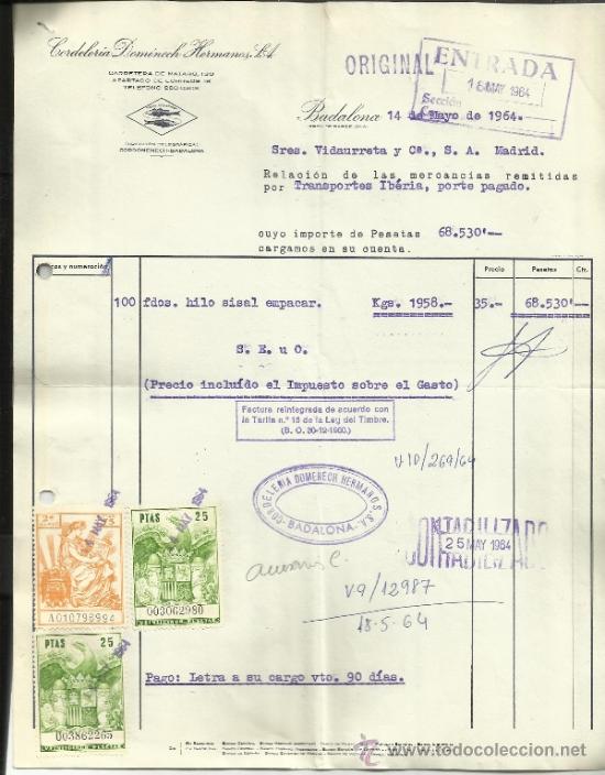 Old Invoices: FACTURA DE CORDELER&Iacute;A DOMENECH HERMANOS S.A. BADALONA. BARCELONA. 1964