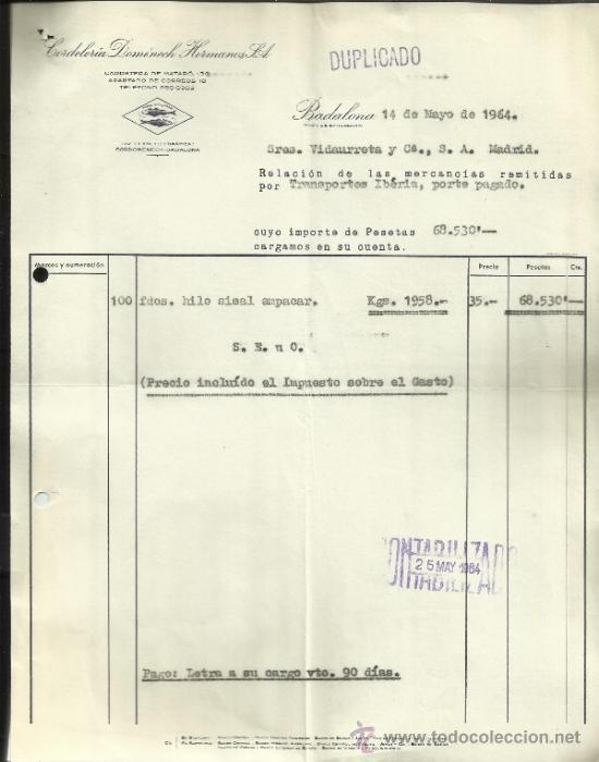 Factures anciennes: FACTURA DE CORDELER&Iacute;A DOMENECH HERMANOS S.A. BADALONA. BARCELONA. 1964