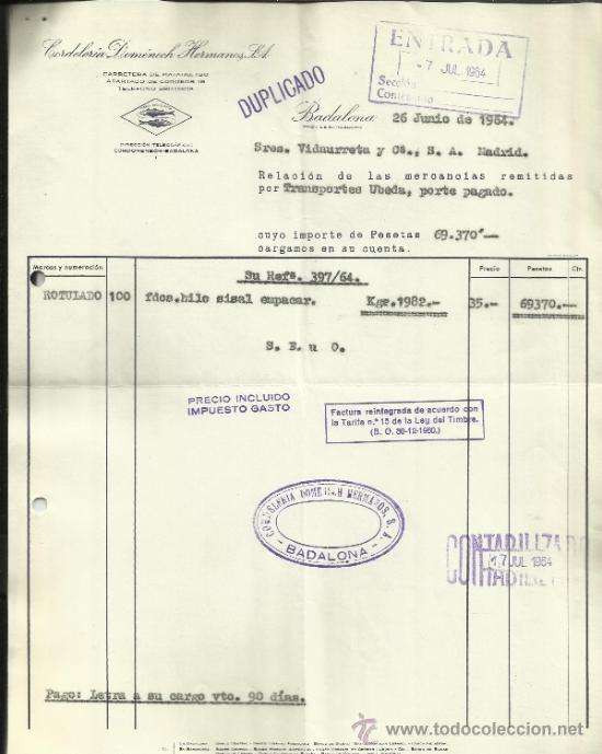 Factures anciennes: FACTURA DE CORDELER&Iacute;A DOMENECH HERMANOS S.A. BADALONA. BARCELONA. 1964