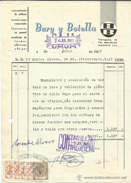 Facturas antiguas: FACTURA DE BURY Y BOTELLA. SANEAMIENTO DE EDIFICIOS. MADRID. 1963 - Foto 1