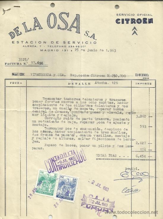 Factures anciennes: FACTURA DE DE LA OSA. S.A. ESTACI&Oacute;N DE SERVICIO. MADRID. 1963