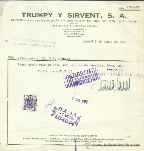 Factures anciennes: FACTURA DE TUMPY Y SIRVENT. S.A. MADRID. 1963