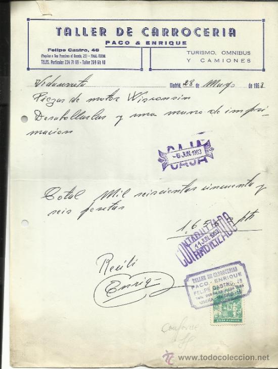 Factures anciennes: FACTURA DE TALLER DE CARROCER&Iacute;A PACO & ENRIQUE. MADRID. 1963