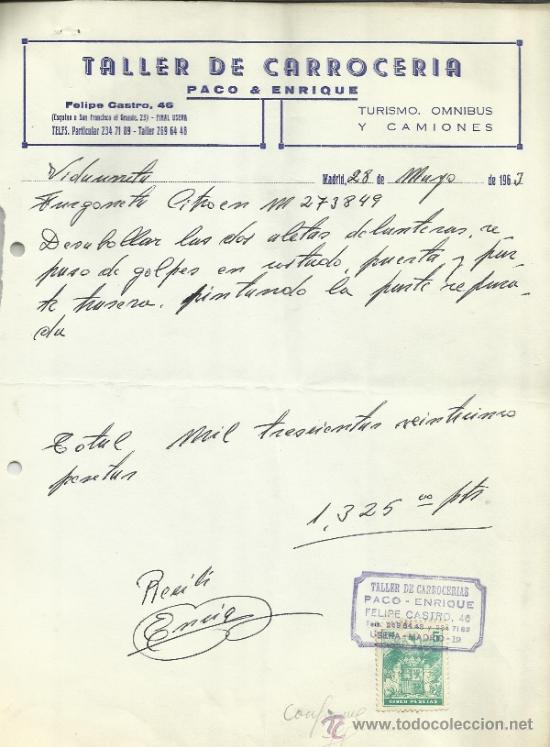Factures anciennes: FACTURA DE TALLER DE CARROCER&Iacute;A PACO & ENRIQUE. MADRID. 1963