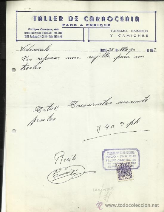 Factures anciennes: FACTURA DE TALLER DE CARROCER&Iacute;A PACO & ENRIQUE. MADRID. 1963