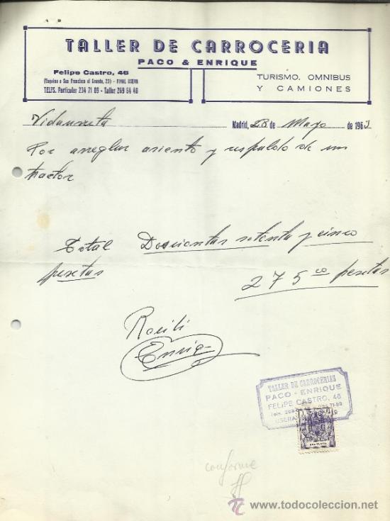 Fatture antiche: FACTURA DE TALLER DE CARROCER&Iacute;A PACO & ENRIQUE. MADRID. 1963