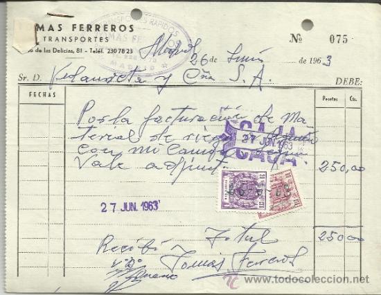 Fatture antiche: FACTURA DE TOM&Aacute;S FERREROS. TRANSPORTES. MADRID. 1963
