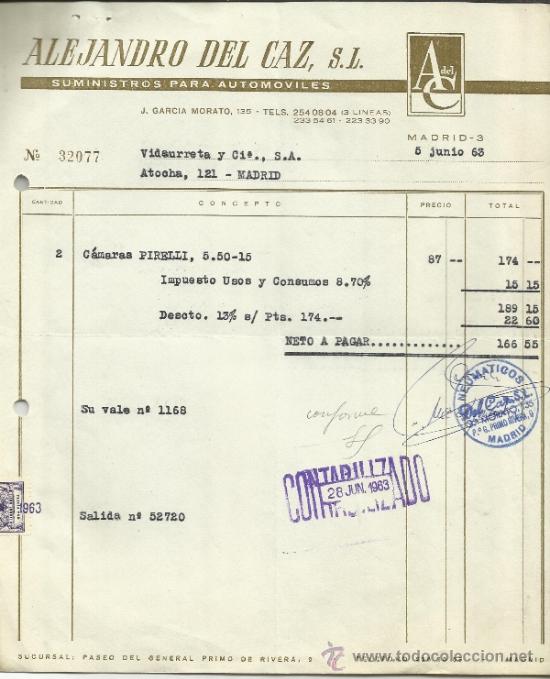 Fatture antiche: FACTURA DE ALEJANDRO DEL CAZ. SUMINISTROS PARA AUTOM&Oacute;VILES. MADRID. 1963