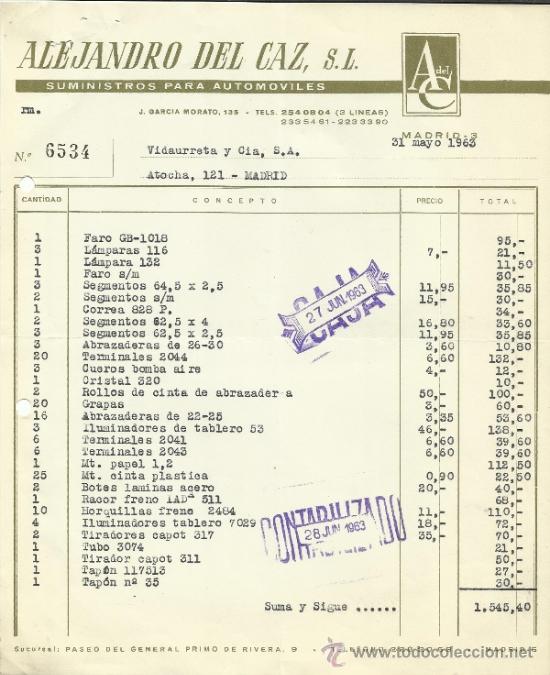 Fatture antiche: FACTURA DE ALEJANDRO DEL CAZ. SUMINISTROS PARA AUTOM&Oacute;VILES. MADRID. 1963