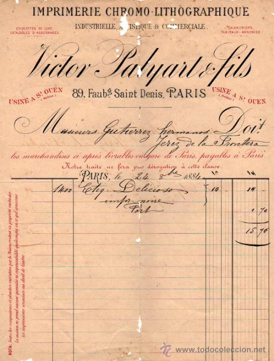 Fatture antiche: FACTURA DE VICTOR PALYART & FILS. IMPRIMERIE CHROMO - LITHOGRAPHIE. PARIS 1884