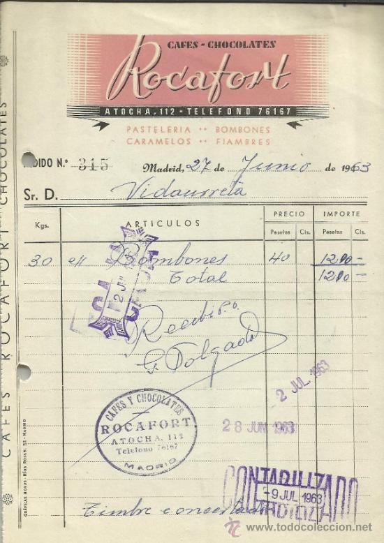 Fatture antiche: FACTURA DE ROCAFORT. PASTELER&Iacute;A BOMBONES. MADRID. 1963