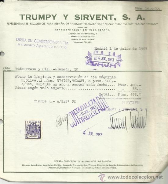 Facturas antiguas: FACTURA DE TRUMPY Y SIRVENT. S.A. MADRID. 1963 - Foto 1