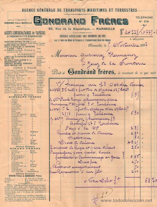 Fatture antiche: FACTURA DE GONDRAND FR&Egrave;RES. AGENCE DE TRANSPORTS MARITIMES ET TERRESTRES. MARSEILLE 1897