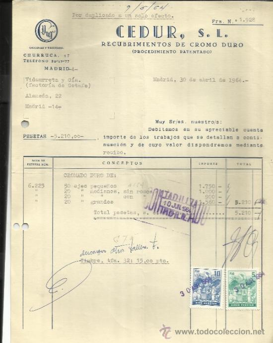Fatture antiche: FACTURA DE CEDUR. S.L. RECUBRIMIENTOS DE CROMO DURO. MADRID. 1964