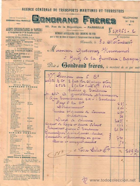 Fatture antiche: FACTURA DE GONDRAND FR&Egrave;RES. AGENCE DE TRANSPORTS MARITIMES ET TERRESTRES. MARSEILLE  1897